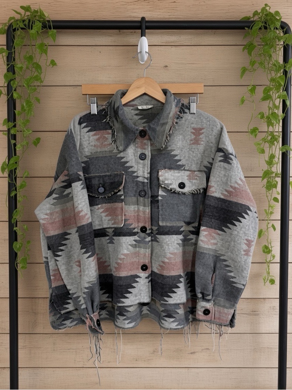 Women's Aztec Print Button-Up Jacket - Gray & Pink